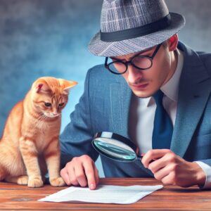 This is a comical image of a detective dressed in a blue suit and tie with a plaid hat. He is equipped with his magnifying glass to read the instructions, and the yellow cat watches in bewilderment.