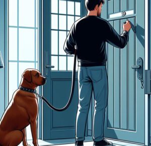 A man in blue jeans with a blue top is standing at the door on the inside to answer the doorbell. Beside him is a large brown dog on a leash, standing just behind the man.