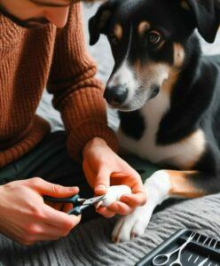 Lady with short gray hair in a pink top with blue pin striped pants, brushing her Golden Retriever dog in the living room.