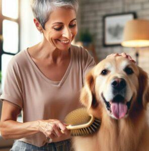 Lady with short gray hair in a pink top with blue pin striped pants, brushing her Golden Retriever dog in the living room.