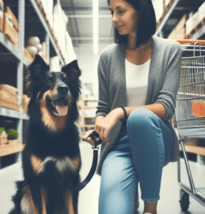 A young lady wearing jeans, a white top, and a gray sweater is kneeling beside her shopping cart in a home improvement store with her dog on a leash on the floor.