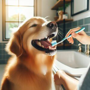 A Golden Retriever dog getting its teeth brushed in the bathroom.