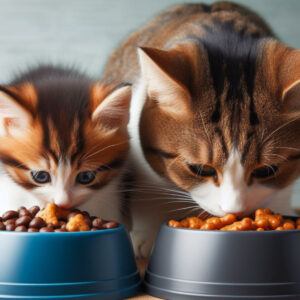 A mother tabby cat and her young kitten eating out of their separate food bowls together.