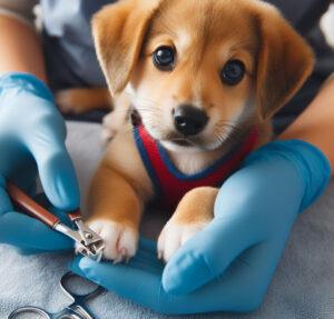 A young beagle puppy learning to get their nails clipped by a person with latex gloves on their hands.