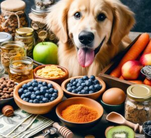 Golden Retriever dog surrounded by healthy, nutritious foods for making homemade dog food.