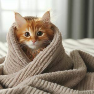 A cute little yellow tabby kitten wrapped in a towel after being bathed.