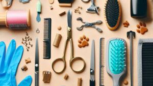 Image of an array of dog grooming supplies and tools laid out on a table.