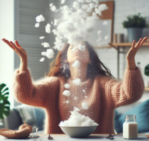 A woman in a dark beige fluffy sweater is sitting at her dining table, throwing a bunch of fluff in the air.