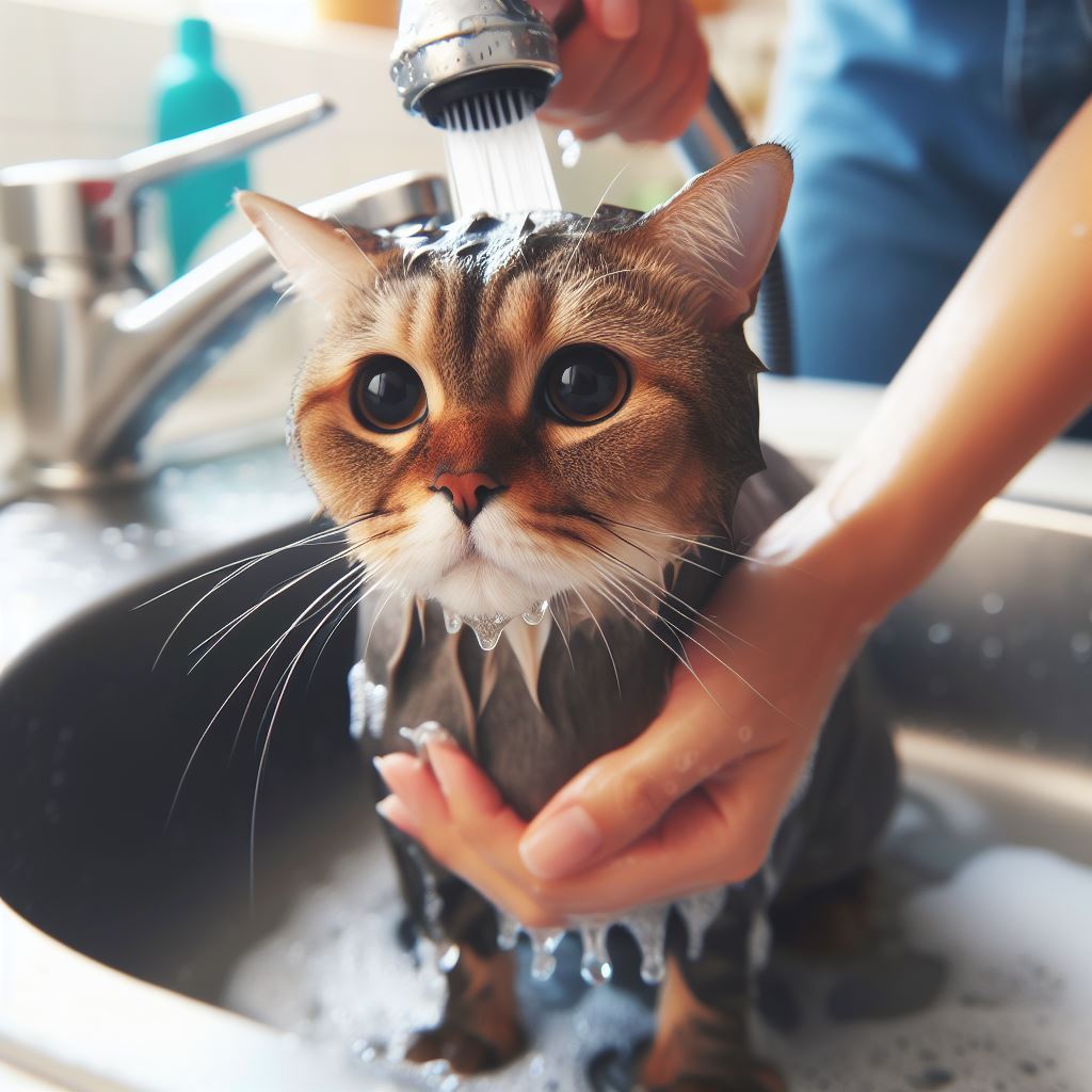 A tabby cat being bathed in the sink with a sprayer.