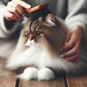 A beautiful brown and white long-haired cat being brushed.