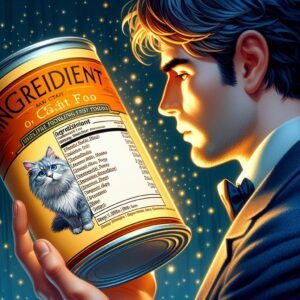 A man looking at the ingredients list on a can of cat food.