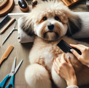 A dog getting used to being groomed, with grooming tools around.