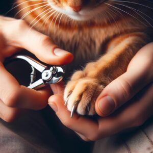 A yellow tabby cat is being held while its nails are being clipped.