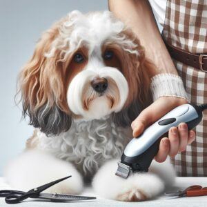 A person is using electric clippers and scissors on a pet. The dog is mostly white with brown around its eyes and ears.