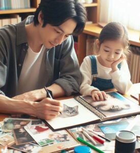 A dad and his young daughter constructing a scrapbook in memorability to their lost pet.