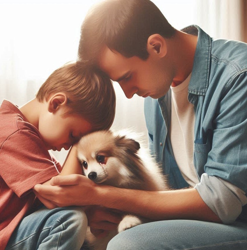 A father soothing his young son upon losing the pet.