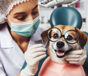 A short-haired light brown and white dog sitting in a human dental chair with eye protection while the dentist examines it teeth with a dental mirror.