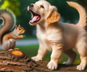 A young blond pup barking at a squirrel.