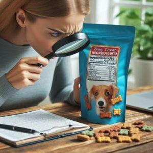 A young lady with a note paper, holding a magnifying glass up to the ingredients list of a bag of dog treats.