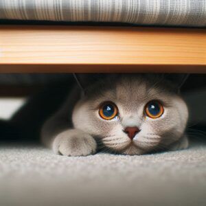 Image of a scared, fearful cat hiding and peeking out from under the side of the bed.