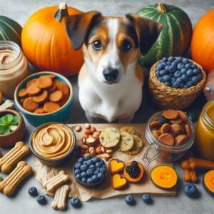 A brown, black and white pup sitting amongst luscious homemade treats ingredients. Such as carrots, blueberries, peanut butter and sweet potatoes, etc.