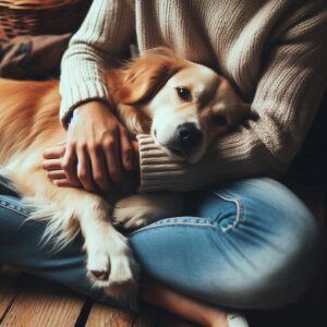 A person sitting on the floor, with legs crossed in a sitting position, while the beloved pet Retriever's upper body is laying in the person's lap.