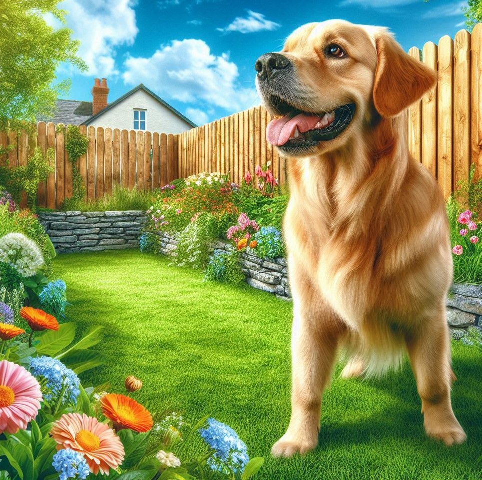 A Golden Retriever dog standing in his wooden fenced in yard, with many dog friendly plants along the fence.