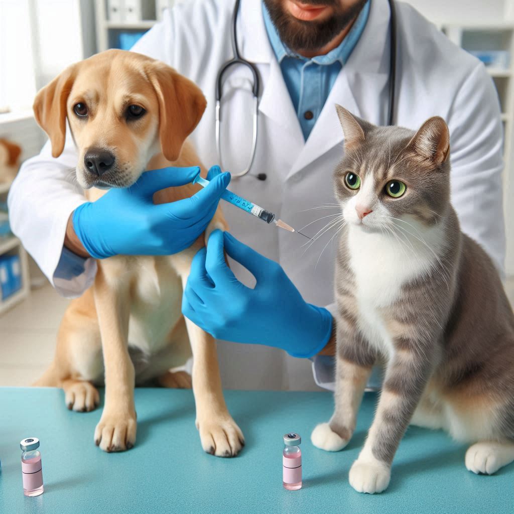 A dog and a cat at the veterinarian's office getting their annual vaccinations.